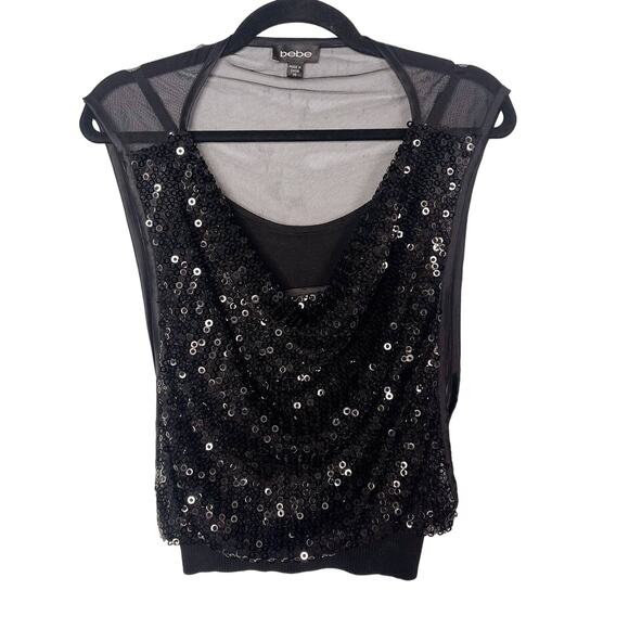 Bebe XSmall XS Black Sequin Layered Sheer Top Cowl Neck Built In Tank Camisole - Picture 1 of 9